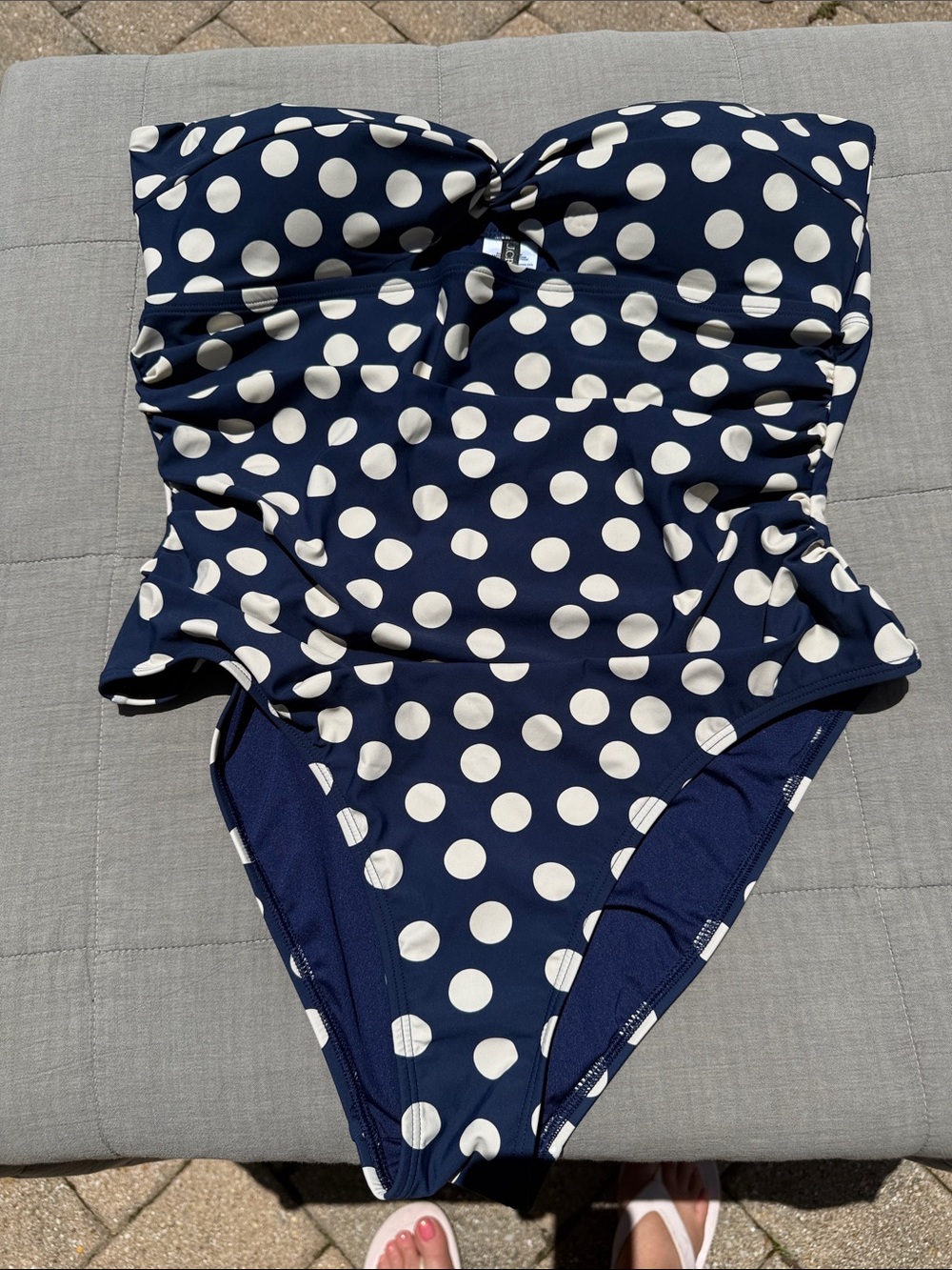 J. Crew Navy and White Polka Dot Twist-Front One-Piece Swimsuit